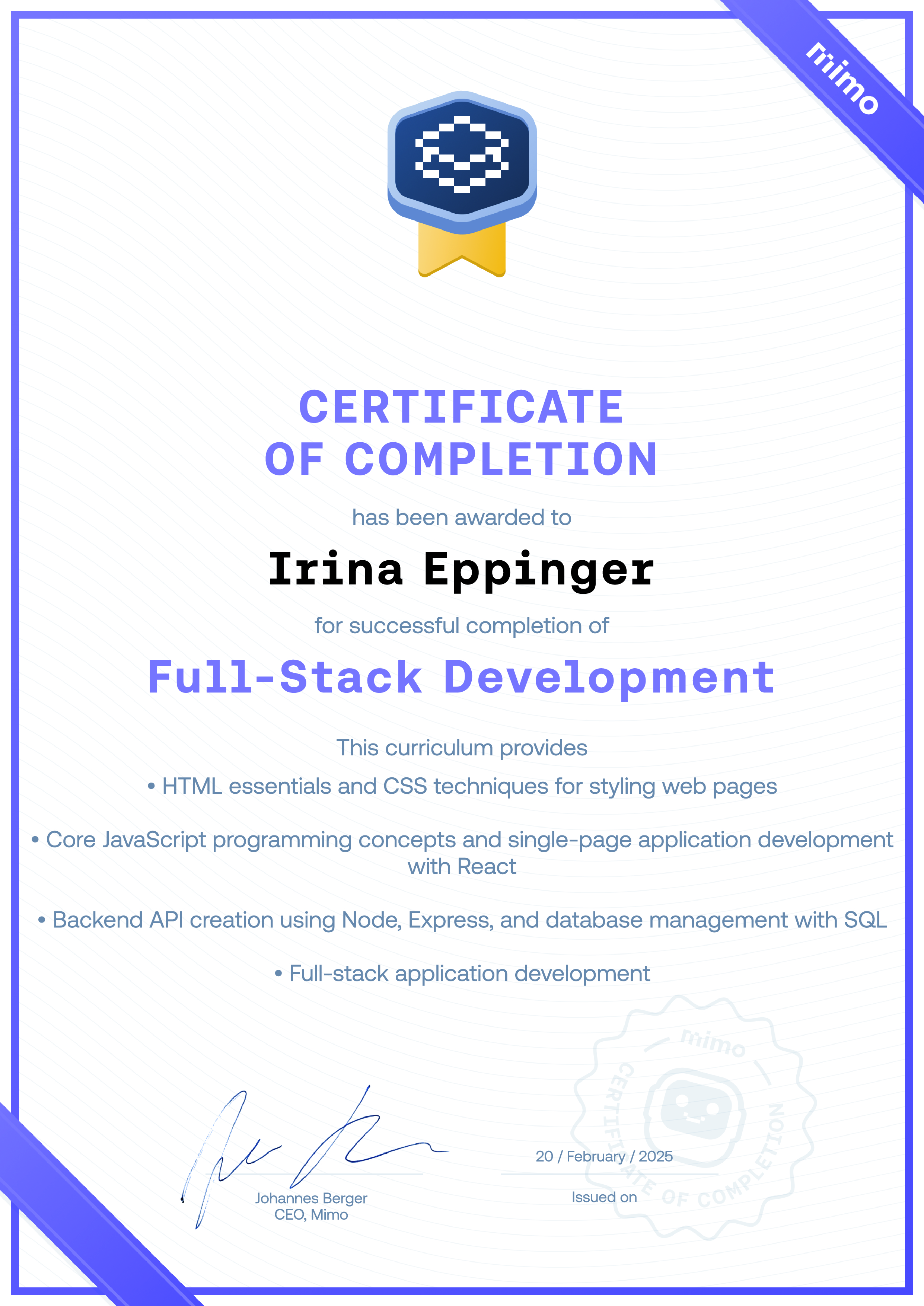 Full Stack Development Zertifikat